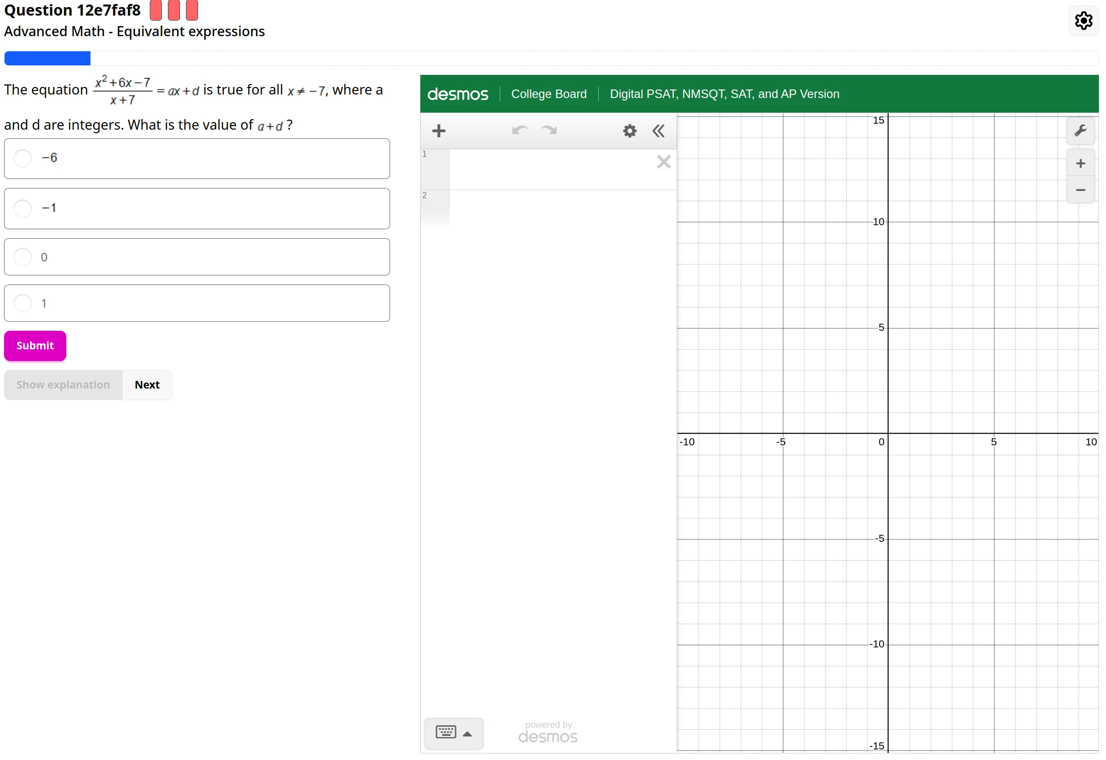 Demo image of SATQuestionBank.org, showing a math equivalent expressions question on SATQuestionBank.org