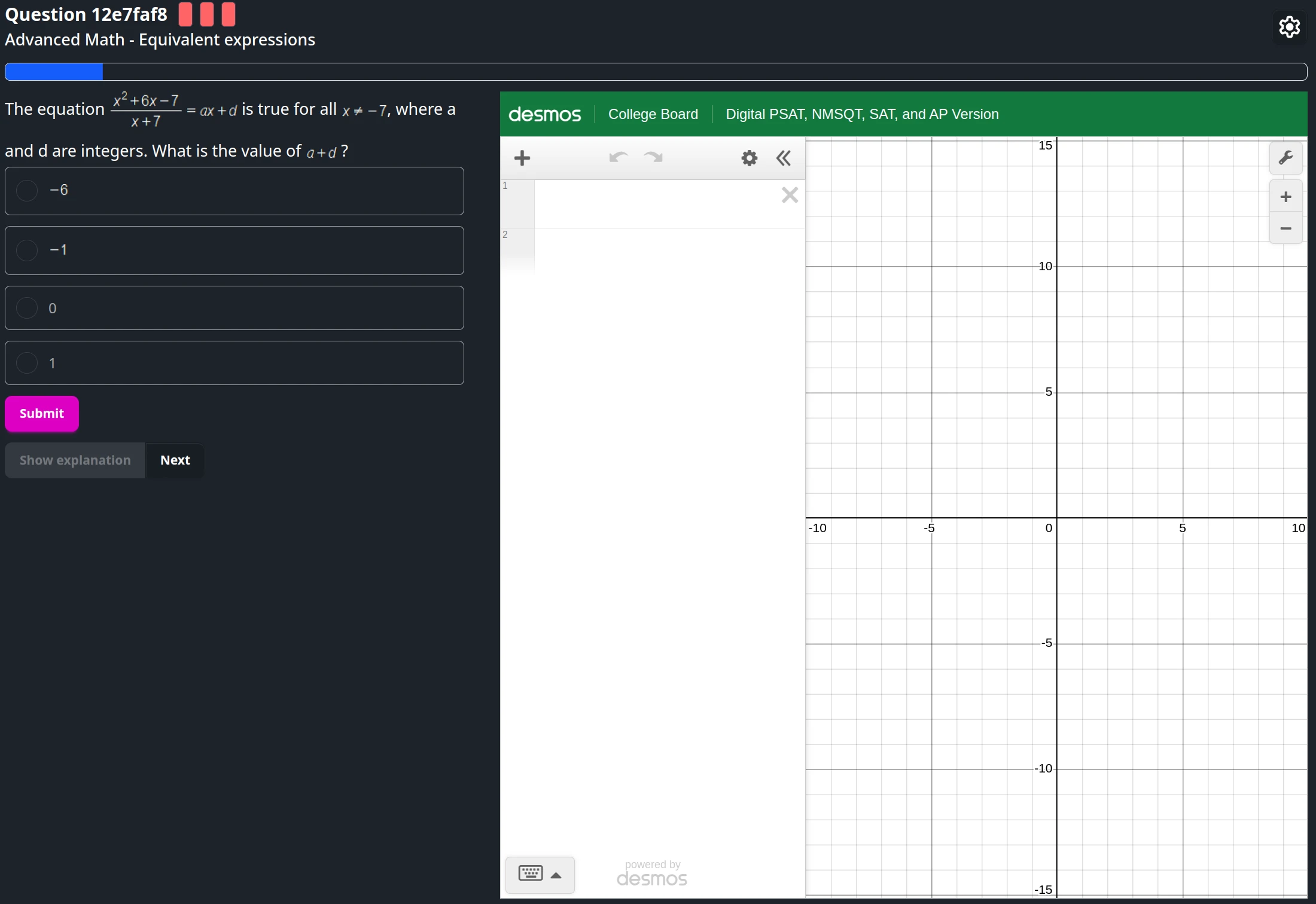 Demo image of SATQuestionBank.org, showing a math equivalent expressions question on SATQuestionBank.org